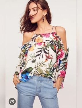 Parker Clark Floral-Printed Silk Cold Shoulder Blouse